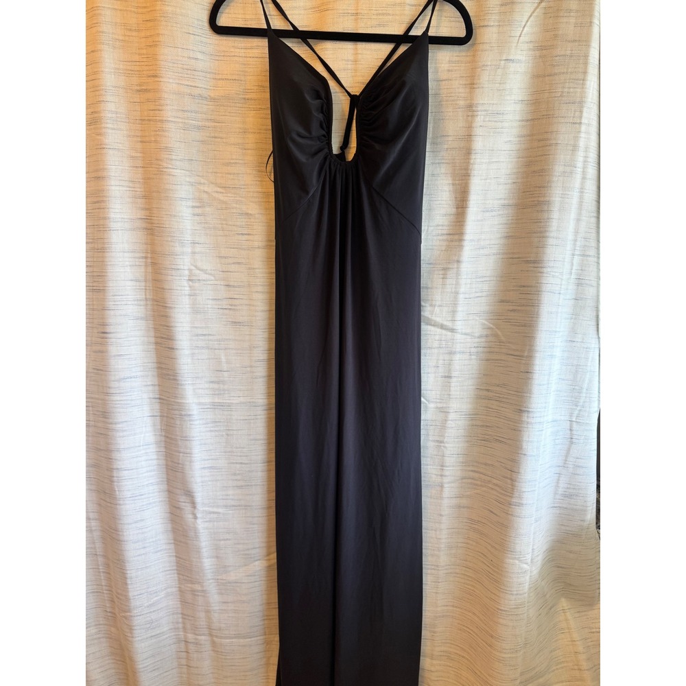 Express Black Ruched V-Neck Maxi Dress Open Back Spaghetti Strap NWT Size M